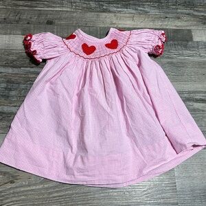 Anavini Dress Hand Smocked pink plaid Dress with red Embroidered hearts 6m